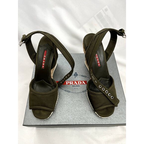 Prada Open Toe Wedge Sandals Olive Green EU 38 US 7.5 Espadrille Platform - Picture 3 of 11